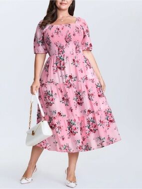 Pink Floral Smocked Midi Dress - Women